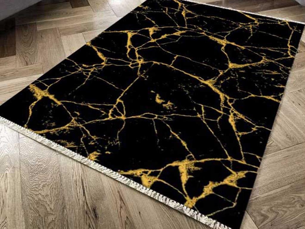 Kaymaz Taban Dijital Baskı Kadife Halı Crack Wall Siyah Gold 100x200 cm - 1