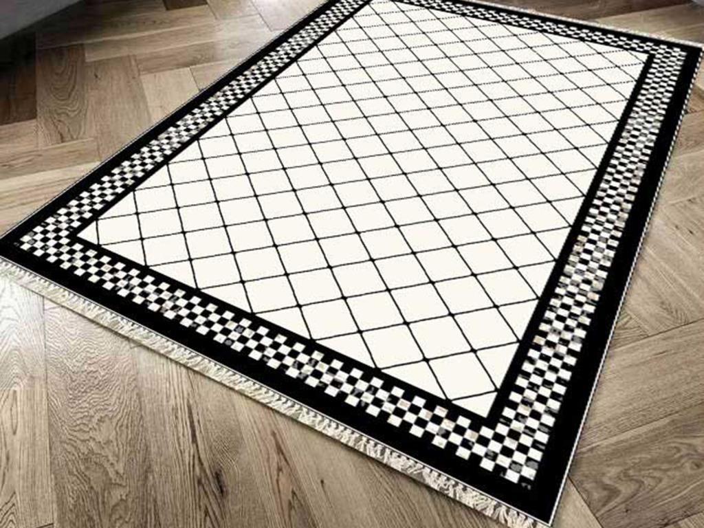 Kaymaz Taban Dijital Baskı Kadife Halı Dama Beyaz 180x280 cm - 1