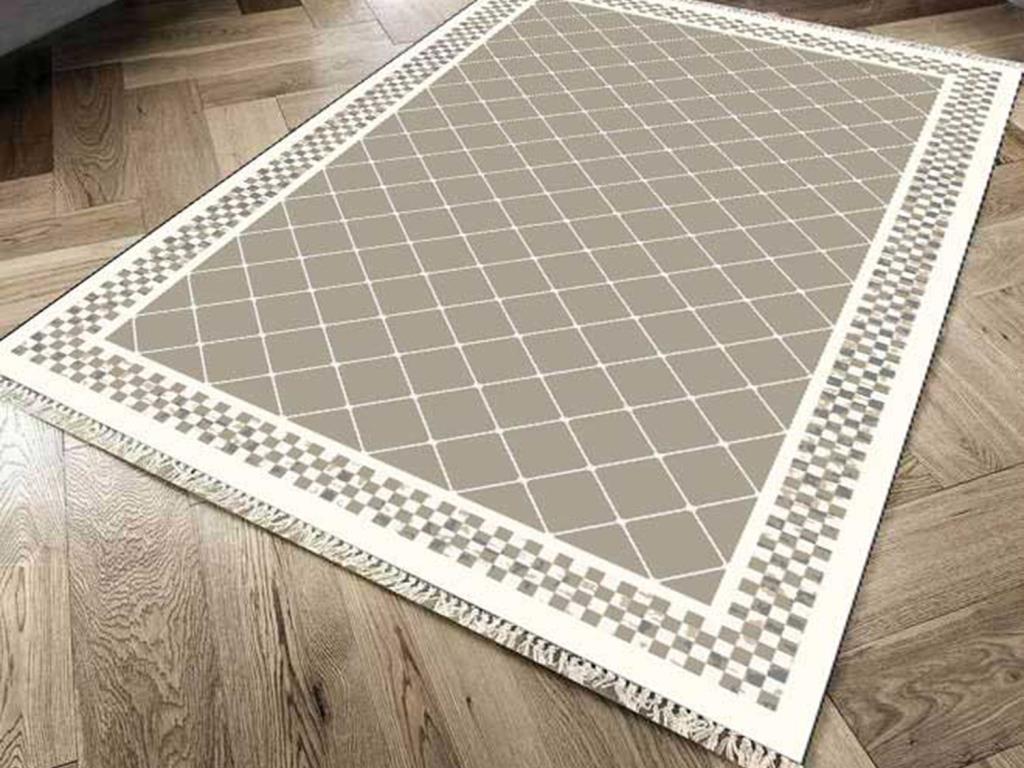 Kaymaz Taban Dijital Baskı Kadife Halı Dama Cappucino 80x200 cm - 1