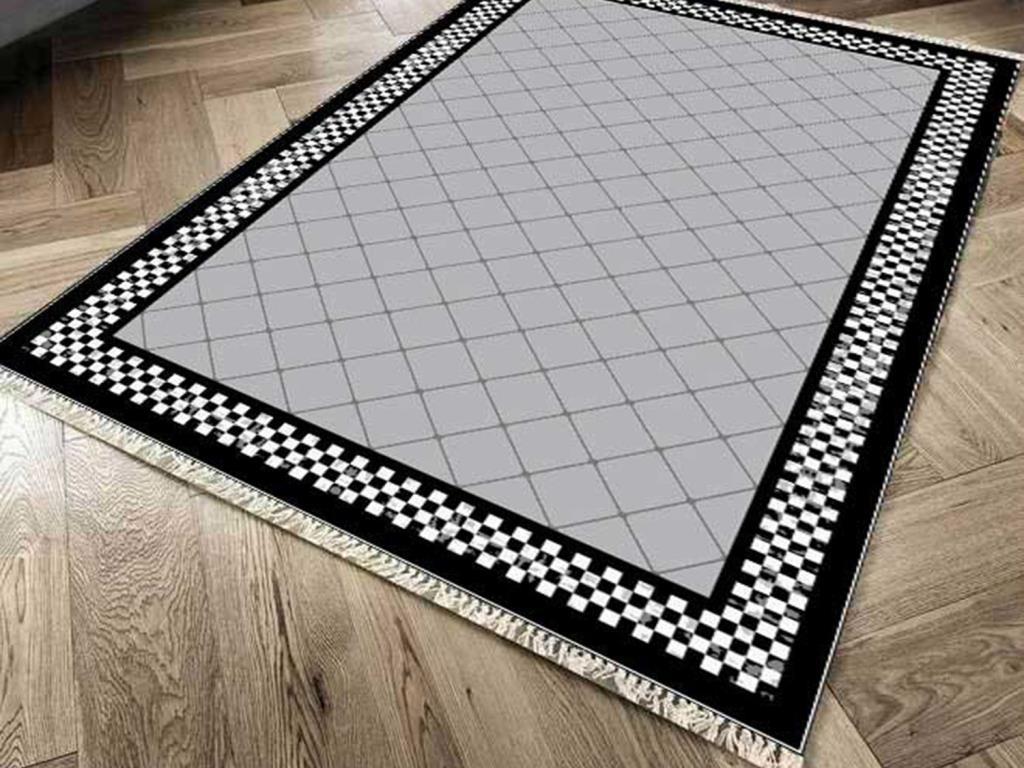 Kaymaz Taban Dijital Baskı Kadife Halı Dama Gri 80x200 cm - 1