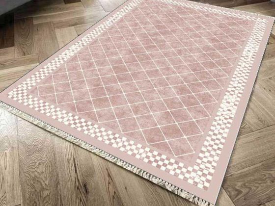 Kaymaz Taban Dijital Baskı Kadife Halı Dama Pudra 100x200 cm - Çeyiz Diyarı