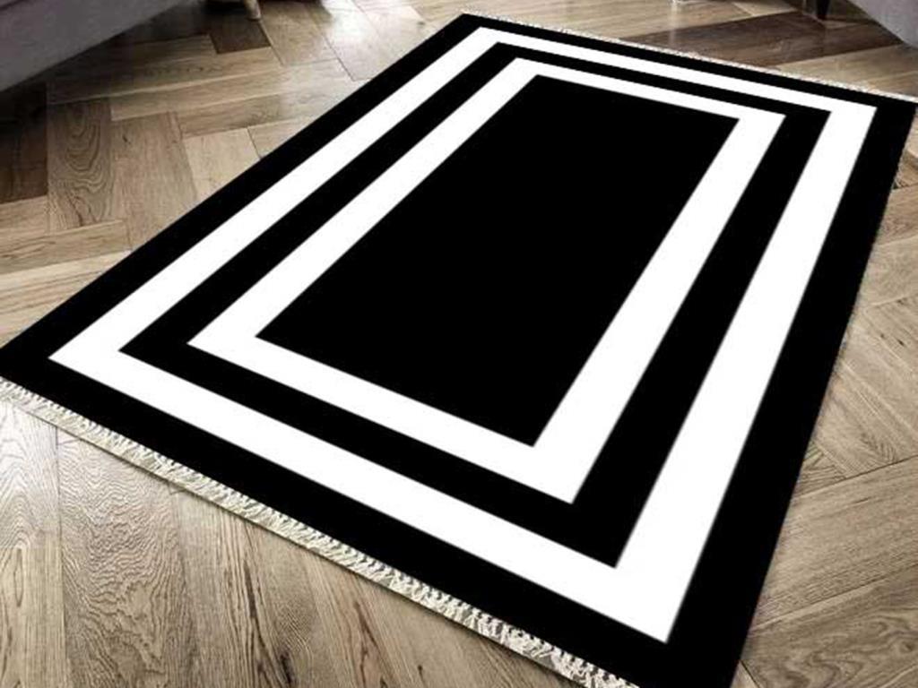 Kaymaz Taban Dijital Baskı Kadife Halı Geometric Siyah 80x200 cm - 1