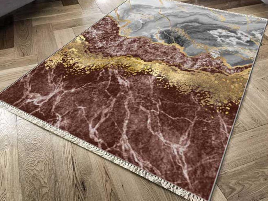 Kaymaz Taban Dijital Baskı Kadife Halı Lava Life Gold 80x300 cm - 1