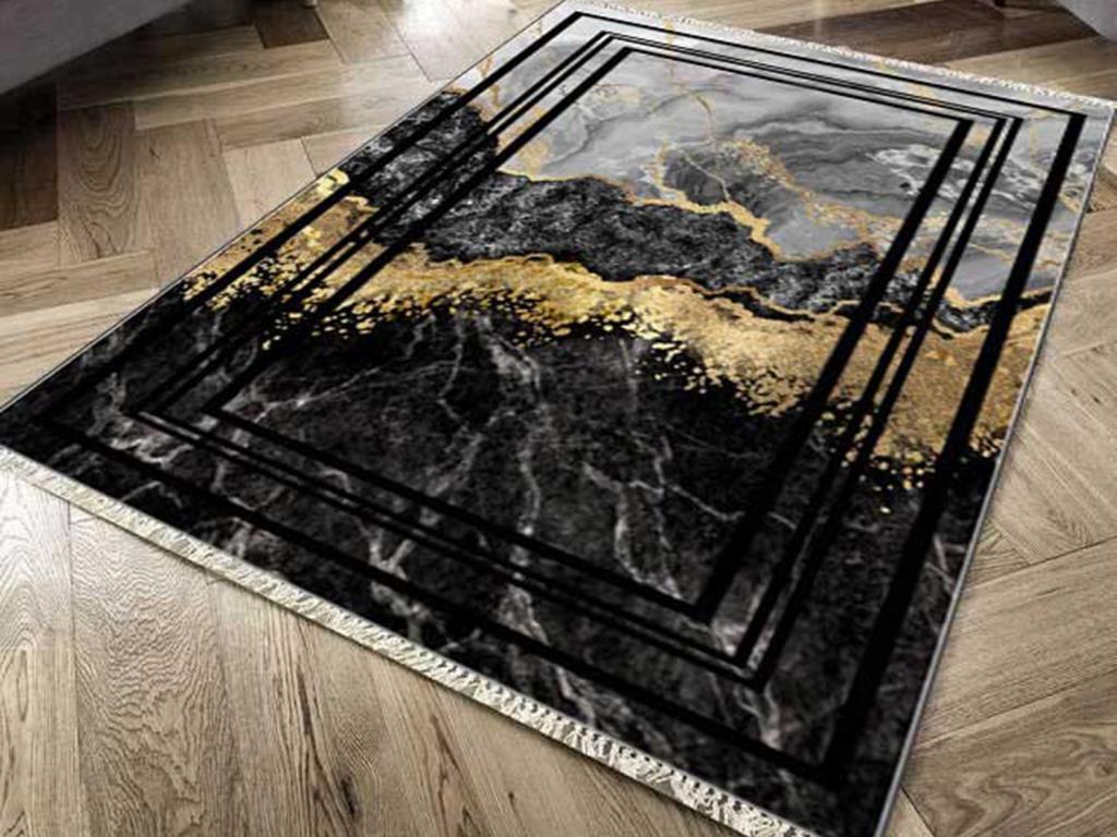 Kaymaz Taban Dijital Baskı Kadife Halı Lava Life Siyah Gold 80x200 cm - 1