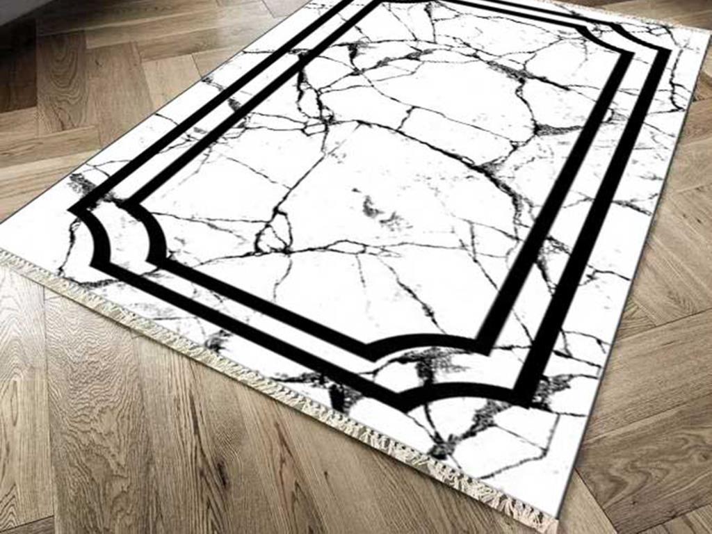 Kaymaz Taban Dijital Baskı Kadife Halı Linear Stone Beyaz 80x150 cm - 1