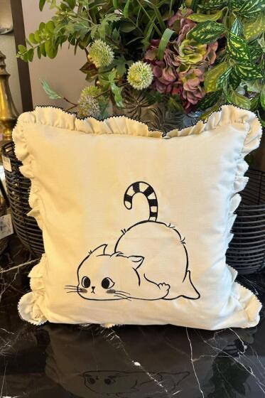 Kedicik Lüx Nakışlı Keten Kırlent Kılıfı 45x45 cm - Çeyiz Diyarı