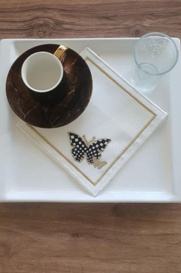 Kelebek Nakışlı Keten Kare Bardak Altlığı Seti 6 Lı - Çeyiz Diyarı