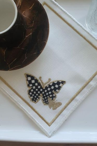 Kelebek Nakışlı Keten Kare Bardak Altlığı Seti 6 Lı - Çeyiz Diyarı (1)