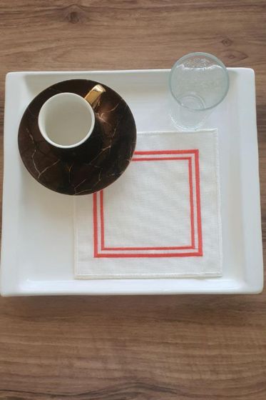 Kırmızılım Nakışlı Keten Kare Bardak Altlığı Seti 6 Lı - Çeyiz Diyarı