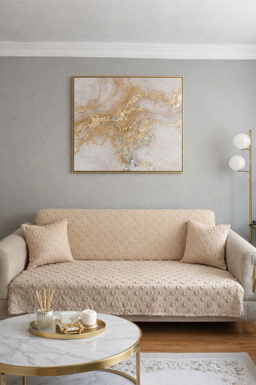 Konik Kırlent Kılıfı Hediyeli 170x210 cm Pamuklu Koltuk Örtüsü Bej - Çeyiz Diyarı