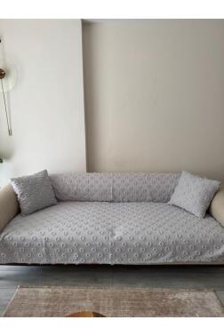 Konik Kırlent Kılıfı Hediyeli 170x210 cm Pamuklu Koltuk Örtüsü Gri - 1