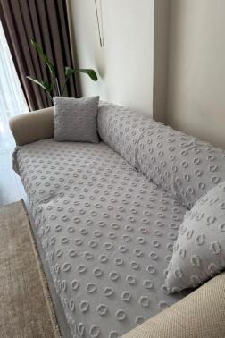 Konik Kırlent Kılıfı Hediyeli 170x210 cm Pamuklu Koltuk Örtüsü Gri - 2