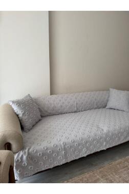 Konik Kırlent Kılıfı Hediyeli 170x210 cm Pamuklu Koltuk Örtüsü Gri - 3