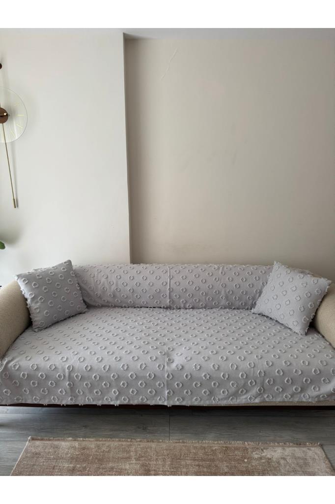Konik Kırlent Kılıfı Hediyeli 170x210 cm Pamuklu Koltuk Örtüsü Gri - 4
