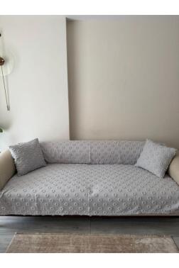Konik Kırlent Kılıfı Hediyeli 170x210 cm Pamuklu Koltuk Örtüsü Gri - 4