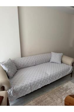 Konik Kırlent Kılıfı Hediyeli 170x210 cm Pamuklu Koltuk Örtüsü Gri - 5