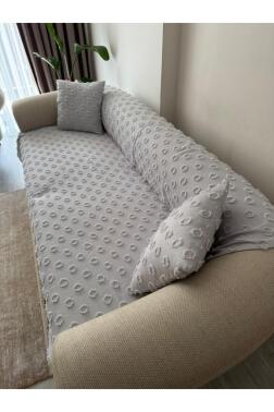 Konik Kırlent Kılıfı Hediyeli 170x210 cm Pamuklu Koltuk Örtüsü Gri - 7