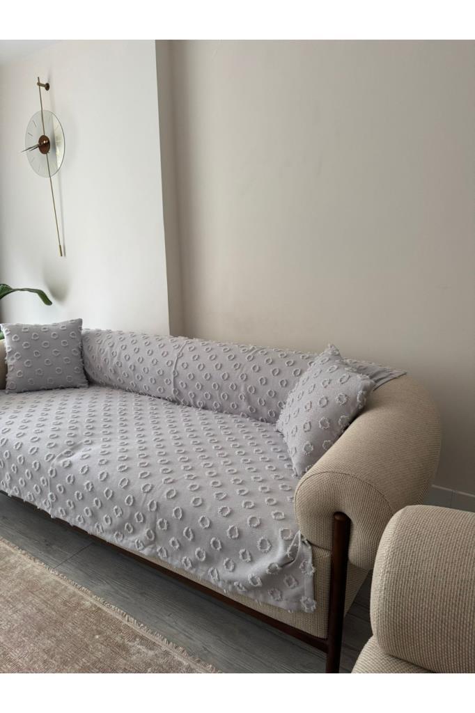 Konik Kırlent Kılıfı Hediyeli 170x210 cm Pamuklu Koltuk Örtüsü Gri - 8