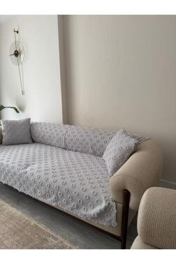 Konik Kırlent Kılıfı Hediyeli 170x210 cm Pamuklu Koltuk Örtüsü Gri - 8