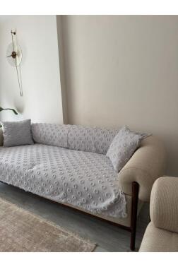 Konik Kırlent Kılıfı Hediyeli 170x210 cm Pamuklu Koltuk Örtüsü Gri - 9