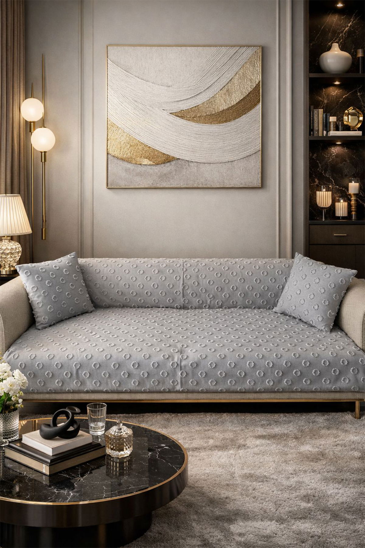 Konik Kırlent Kılıfı Hediyeli 170x210 cm Pamuklu Koltuk Örtüsü Gri - 1