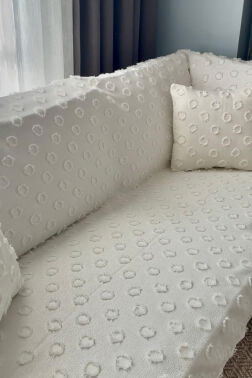 Konik Kırlent Kılıfı Hediyeli 170x210 cm Pamuklu Koltuk Örtüsü Krem - 5