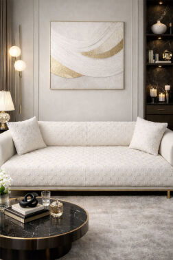 Konik Kırlent Kılıfı Hediyeli 170x210 cm Pamuklu Koltuk Örtüsü Krem - 1