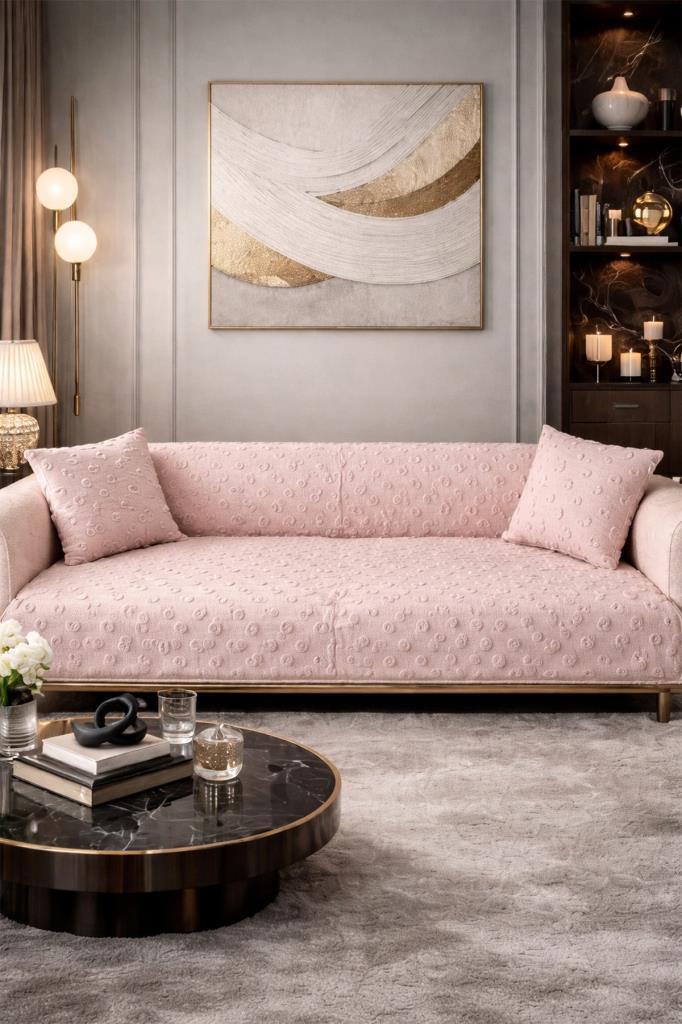 Konik Kırlent Kılıfı Hediyeli 170x210 cm Pamuklu Koltuk Örtüsü Pudra - 1