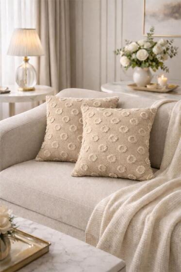 Konik Pamuklu 2'li Kırlent Kılıfı Bej - Çeyiz Diyarı