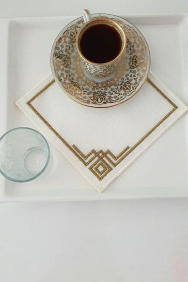 Köşe Nakışlı Keten Kare Bardak Altlığı Seti 6 Lı Kahve - Çeyiz Diyarı