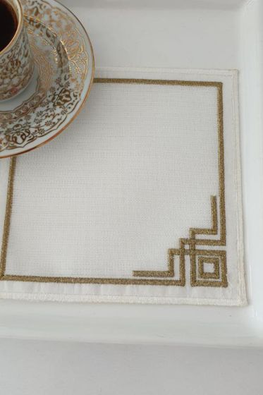 Köşe Nakışlı Keten Kare Bardak Altlığı Seti 6 Lı Kahve - Çeyiz Diyarı (1)