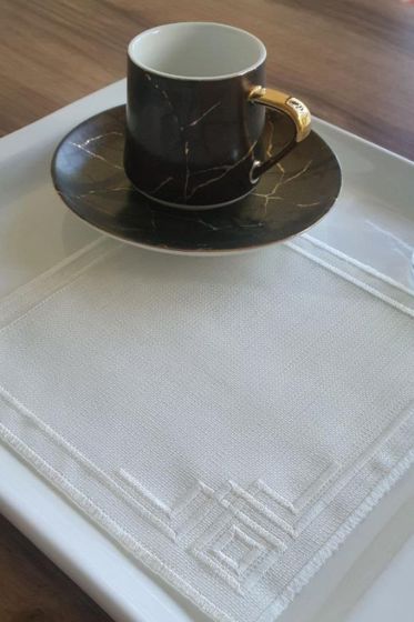 Köşe Nakışlı Keten Kare Bardak Altlığı Seti 6 Lı Krem - Çeyiz Diyarı (1)