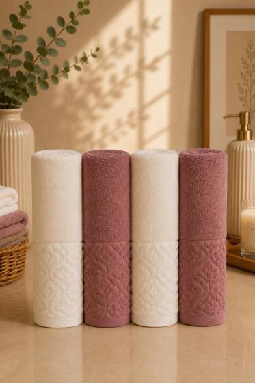 Koza %100 Pamuk Hamam Takımı 4 Parça Ekru - Narçiçeği - Çeyiz Diyarı