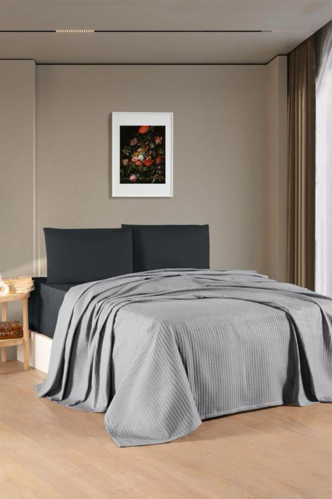 Kristal Bamboo Lastikli Çarşaflı Çift Kişilik Pike Takımı Gri - 1