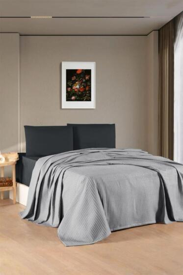 Kristal Bamboo Lastikli Çarşaflı Çift Kişilik Pike Takımı Gri - Kristal