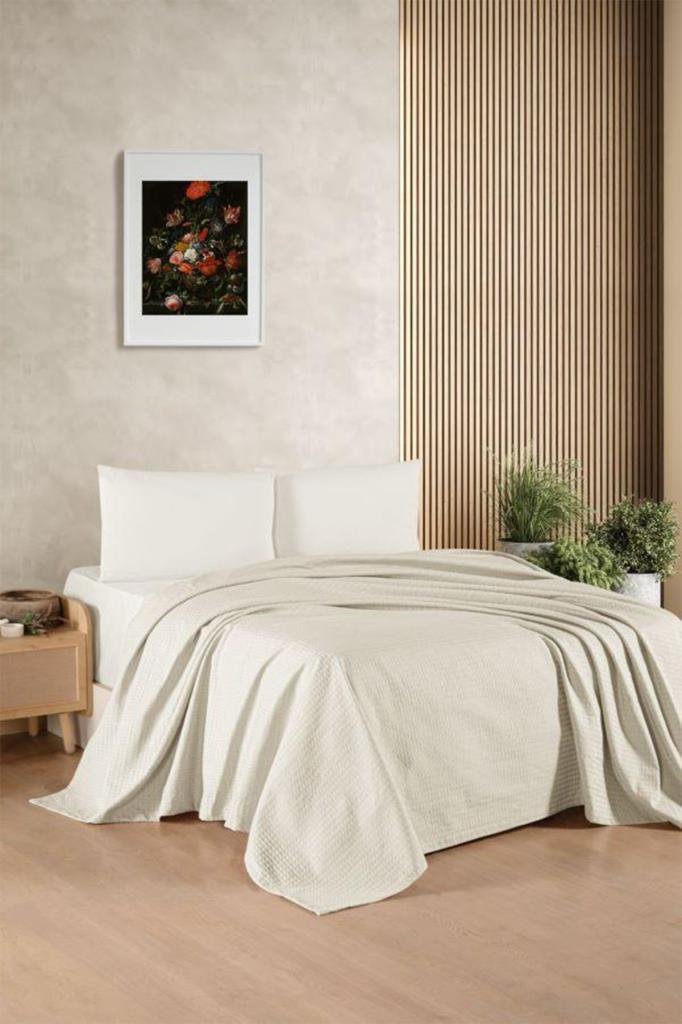 Kristal Bamboo Lastikli Çarşaflı Çift Kişilik Pike Takımı Krem - 1