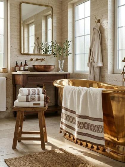 Kumsal Jakarlı Banyo Havlusu 90x140 cm Bej - Dantela