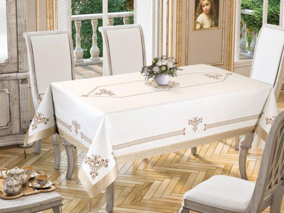 Lale Baskılı Dikdörtgen Masa Örtüsü Gold 160x260 Cm - Çeyiz Diyarı