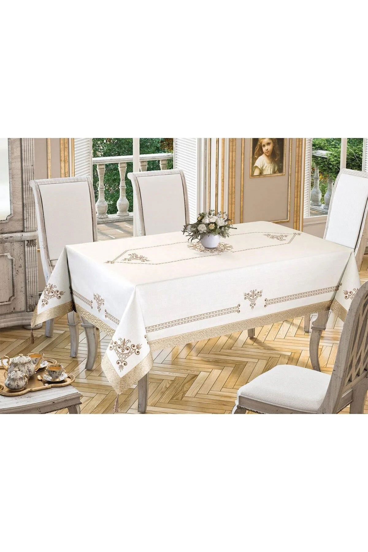 Lale Baskılı Dikdörtgen Masa Örtüsü Gold - 2