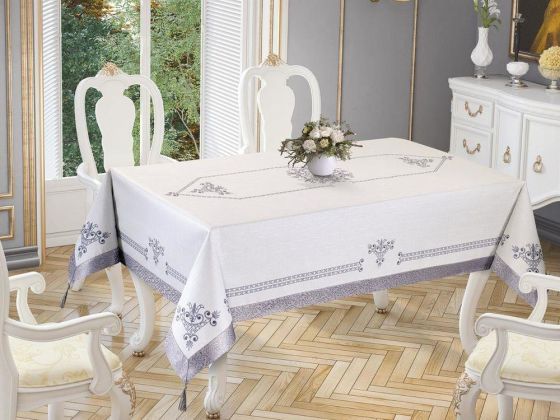 Lale Baskılı Dikdörtgen Masa Örtüsü Silver 160x260 Cm - Çeyiz Diyarı