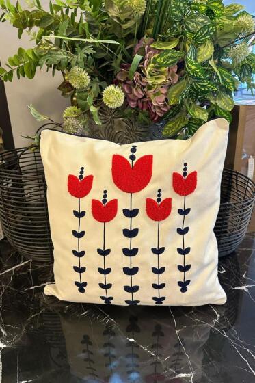 Lale Lüx Nakışlı Keten Kırlent Kılıfı 45x45 cm - Çeyiz Diyarı