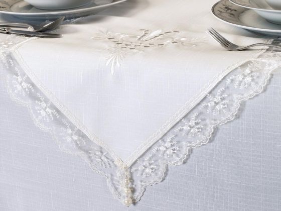 Lale Nakışlı Dantelli 8 Kişilik Masa Örtüsü Takımı Krem Krem - Çeyiz Diyarı (1)