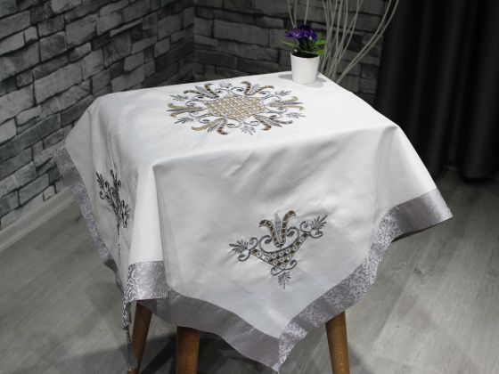 Lale Nakışlı Fiskos Krem Gri 100x100 Cm - Çeyiz Diyarı