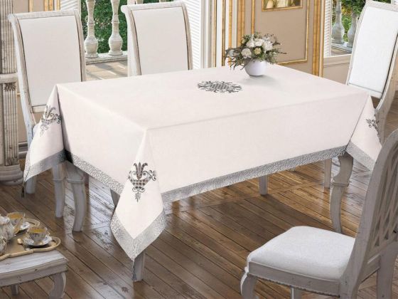 Lale Nakışlı Masa Örtüsü Krem Gri 160x260cm - Çeyiz Diyarı