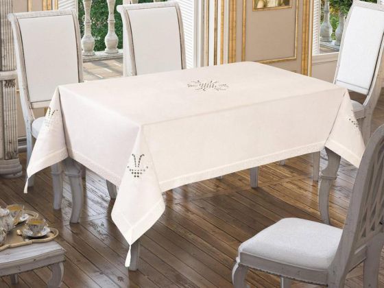Lale Nakışlı Masa Örtüsü Krem Krem 160x260cm - Çeyiz Diyarı