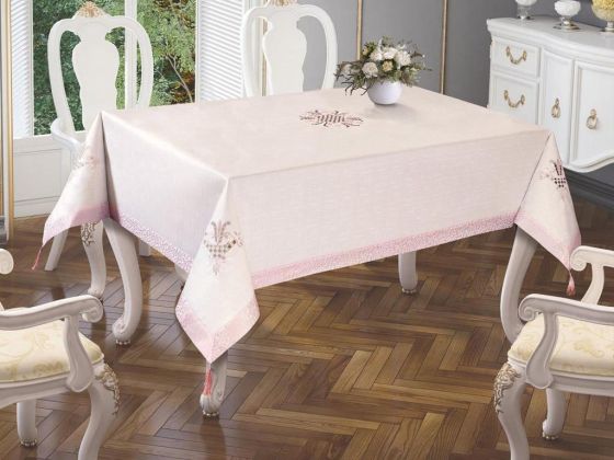 Lale Nakışlı Masa Örtüsü Krem Pudra 160x260cm - Çeyiz Diyarı