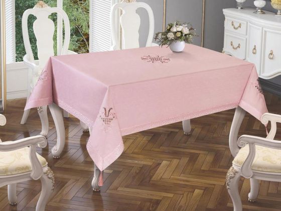 Lale Nakışlı Masa Örtüsü Pudra Pudra 160x260cm - Çeyiz Diyarı