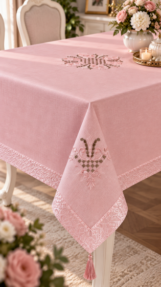 Lale Nakışlı Masa Örtüsü Pudra Pudra 160x260cm - Çeyiz Diyarı (1)