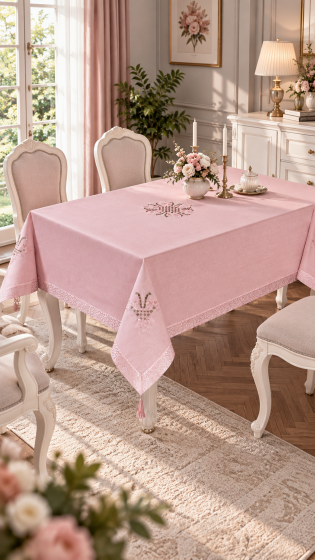 Lale Nakışlı Masa Örtüsü Pudra Pudra 160x260cm - Çeyiz Diyarı