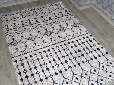 Latex Kaymaz Taban Dijital Baskı Kadife Halı Emma Krem-Siyah 80x150 cm - 1